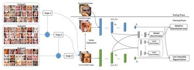 Fig. The framework of the proposed approach consists of an occluded network fo, a non-occluded network ​fc, K​ local-level feature discriminator ​Dlk (k = 1, 2, ..., K)​, and a global feature discriminator ​Dg