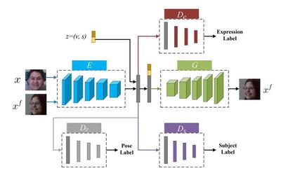 Fig. The structure of the proposed method. It consists of an encoder E , an expression classifier Dc , a pose discriminator Dp , a subject discriminator Ds ,and a generator G .